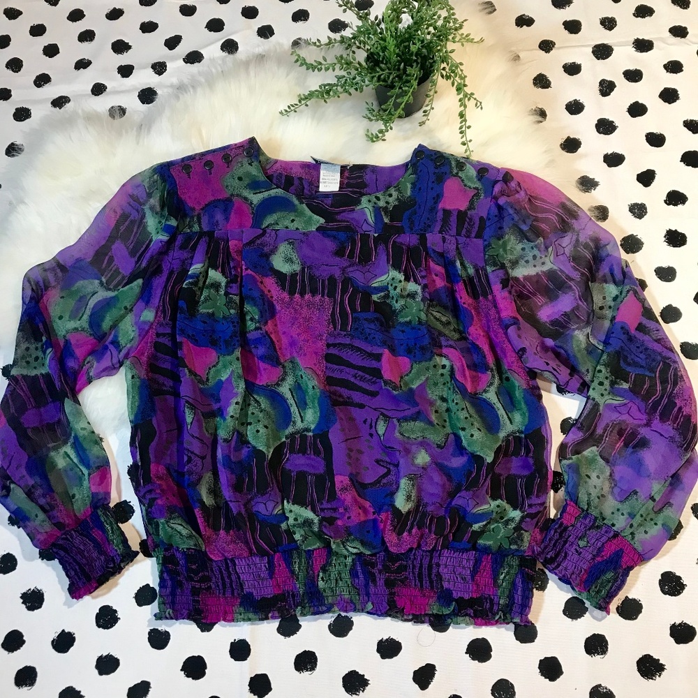 Vintage 80's Notations Artsy Retro Blouse Top LG